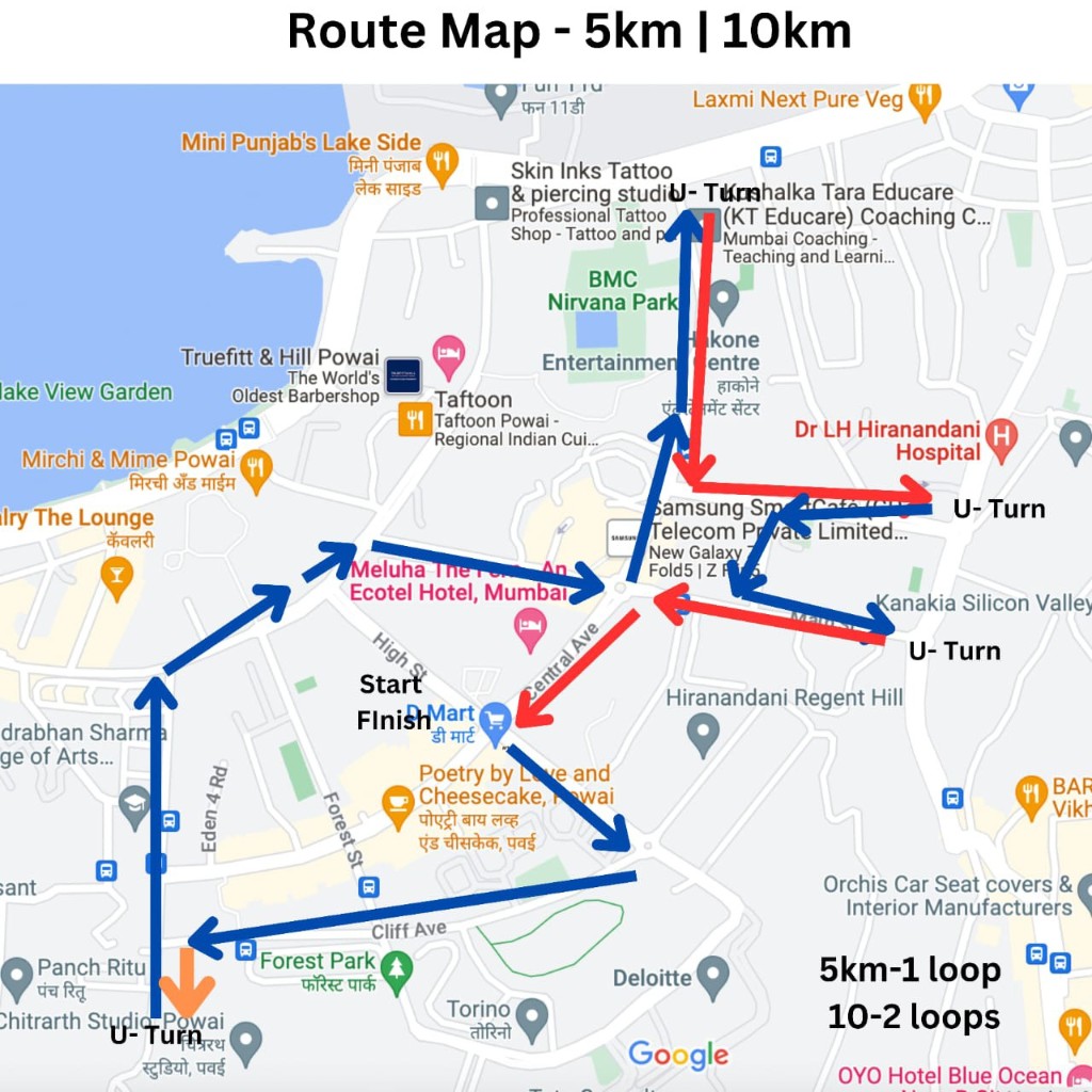 5K one loop and 10K two loops route map, Downtown Powai